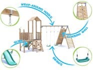 BalconyFort Climbing Frame with Double Swing, LOW Platform, Tall Climbing Wall & Slide Features