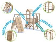 BalconyFort Climbing Frame with Single Swing, LOW Platform, Tall Climbing Wall, Monkey Bars, Cargo Net & Slide Features
