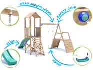 SquirrelFort Climbing Frame with Single Swing, HIGH Platform, Climbing Wall & Slide features