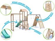 SquirrelFort Climbing Frame with Single Swing, HIGH Platform, Tall Climbing Wall, Monkey Bars, Cargo Net & Slide features