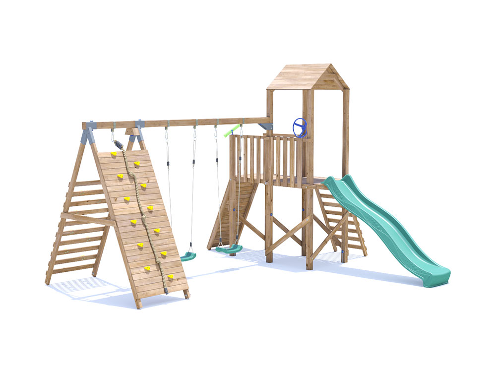 FrontierFort Climbing Frame Double Swing High with Tall Climbing Wall