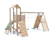 FrontierFort Climbing Frame Double Swing High with Tall Climbing Wall