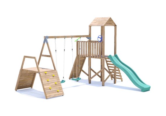 FrontierFort Climbing Frame with Double Swing, HIGH Platform, Climbing Wall & Slide