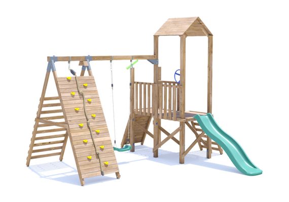 FrontierFort Climbing Frame with Single Swing, LOW Platform, Tall Climbing Wall & Slide