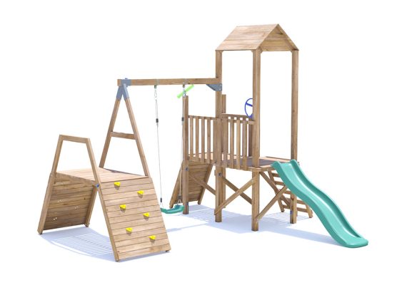 FrontierFort Climbing Frame with Single Swing, LOW Platform, Climbing Wall & Slide