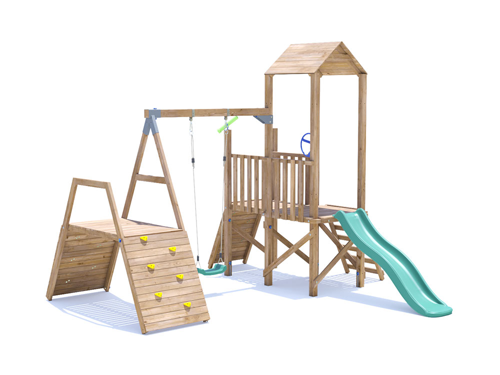 FrontierFort Climbing Frame with slide, single swing set, climbing wall and low platform