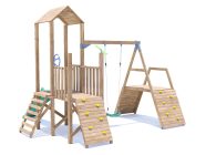 FrontierFort Climbing Frame with slide, single swing set, climbing wall and low platform