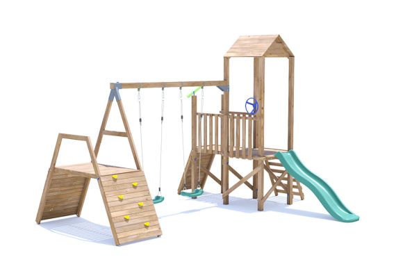 FrontierFort Climbing Frame with Double Swing, LOW Platform, Climbing Wall & Slide