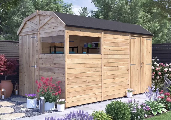 Pressure Treated 15mm Overlord Modular Reverse Dutch Barn Shed with Additional Door W3.6m x D2.4m