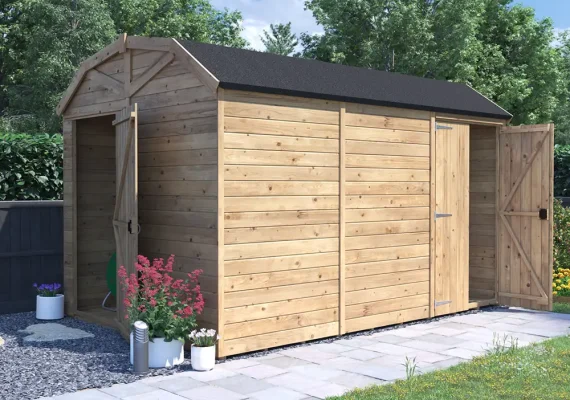 Pressure Treated 15mm Overlord Modular Reverse Dutch Barn Shed with Additional Door W3.6m x D2.4m