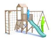 BalconyFort Climbing Frame with Double Swing, High Platform, Monkey Bars, Cargo Net and Slide