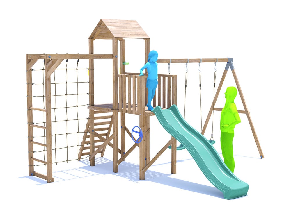 BalconyFort Climbing Frame with Double Swing, High Platform, Monkey Bars, Cargo Net and Slide