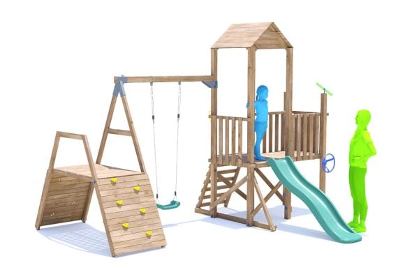 BalconyFort Climbing Frame with Single Swing, LOW Platform, Climbing Wall & Slide