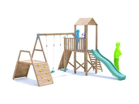 FrontierFort Climbing Frame with Double Swing, HIGH Platform, Climbing Wall & Slide