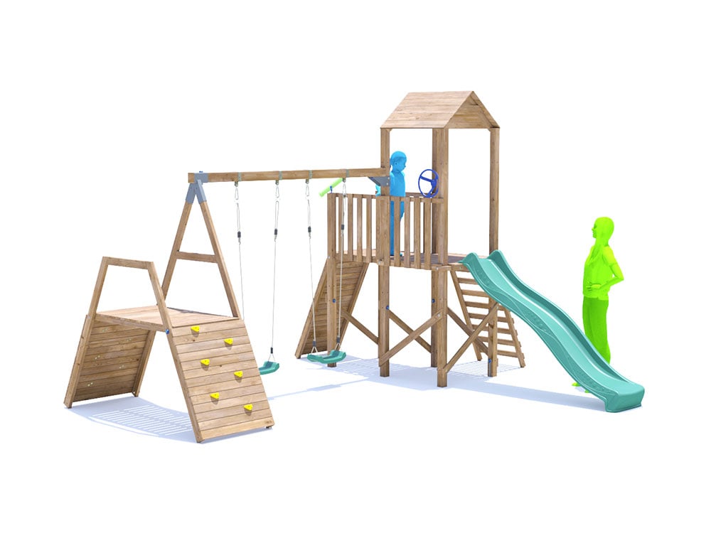FrontierFort Climbing Frame Double Swing High with Climbing Wall