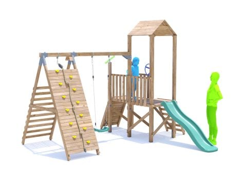 FrontierFort Climbing Frame with Single Swing, LOW Platform, Tall Climbing Wall & Slide