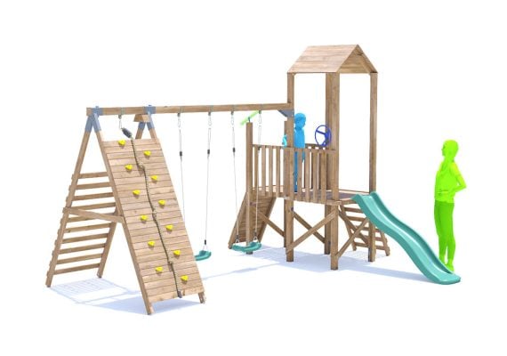 FrontierFort Climbing Frame with Double Swing, LOW Platform, Tall Climbing Wall & Slide