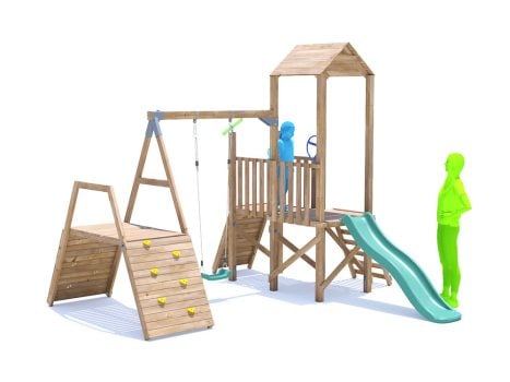 FrontierFort Climbing Frame with Single Swing, LOW Platform, Climbing Wall & Slide