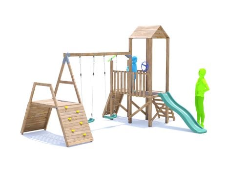FrontierFort Climbing Frame with Double Swing, LOW Platform, Climbing Wall & Slide