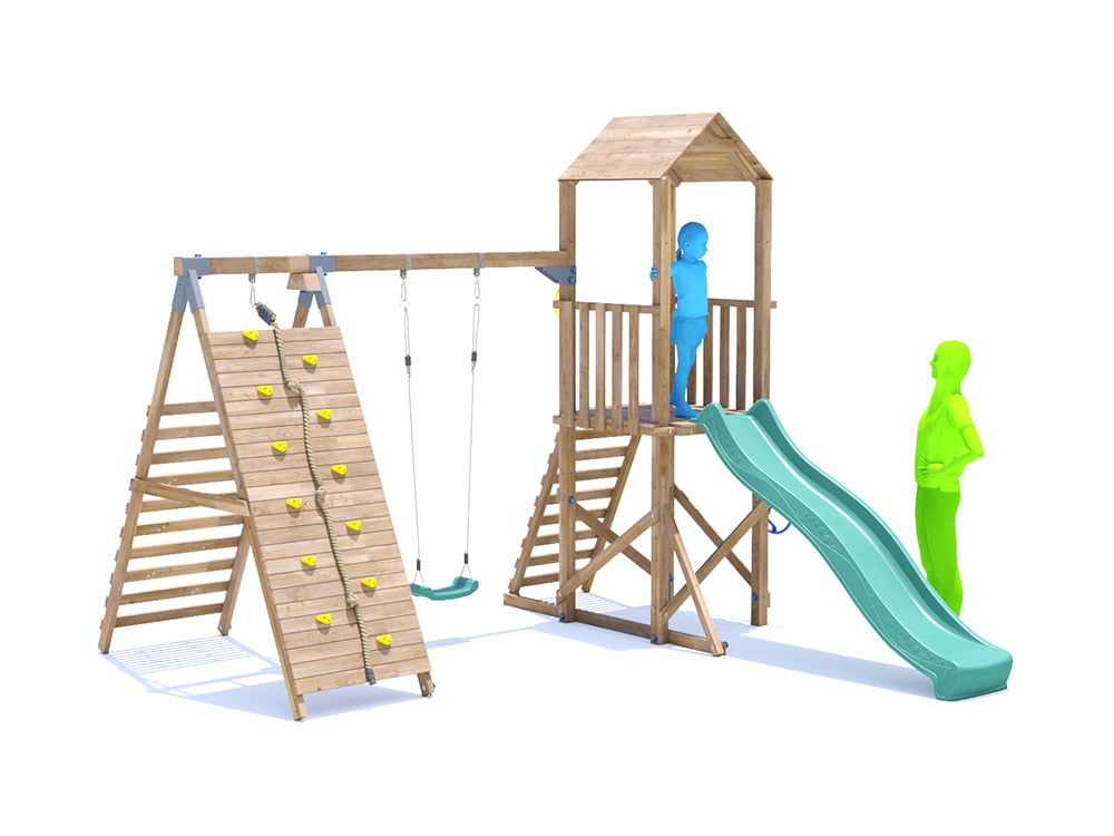 SquirrelFort Climbing Frame with Single Swing, HIGH Platform, Tall Climbing Wall & Slide