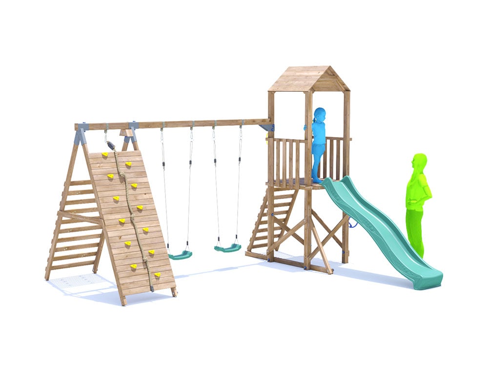 SquirrelFort Climbing Frame with Double Swing, HIGH Platform, Tall Climbing Wall & Slide
