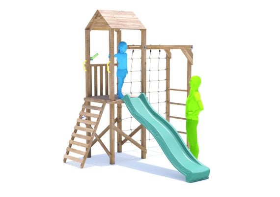 SquirrelFort Climbing Frame with HIGH Platform, Monkey Bars, Cargo Net & Slide