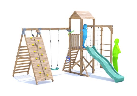 SquirrelFort Climbing Frame with Single Swing, HIGH Platform, Tall Climbing Wall, Monkey Bars, Cargo Net & Slide