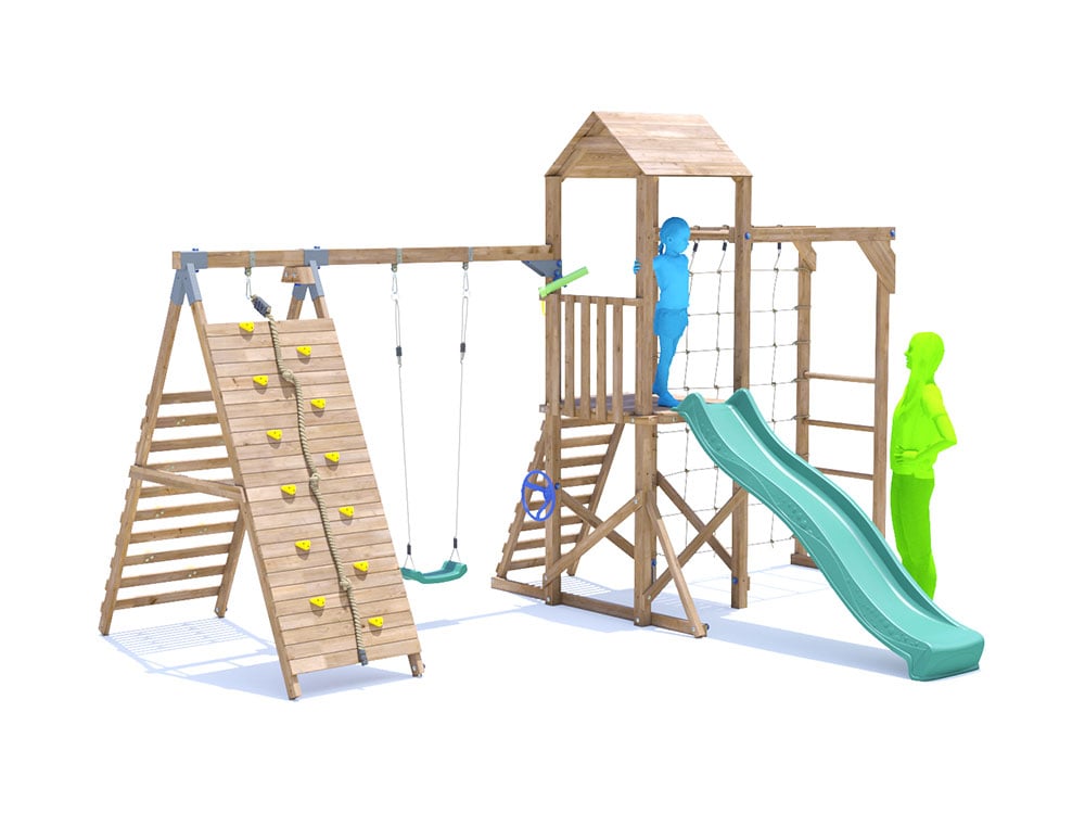 SquirrelFort Climbing Frame with Single Swing, HIGH Platform, Tall Climbing Wall, Monkey Bars, Cargo Net & Slide