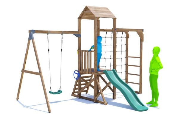 SquirrelFort Climbing Frame with Single Swing, LOW Platform, Monkey Bars, Cargo Net & Slide