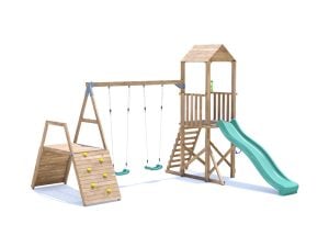 SquirrelFort Climbing Frame with Double Swing, HIGH Platform, Climbing Wall & Slide