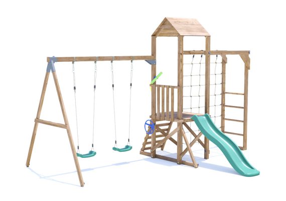 SquirrelFort Climbing Frame with Double Swing, LOW Platform, Monkey Bars, Cargo Net & Slide