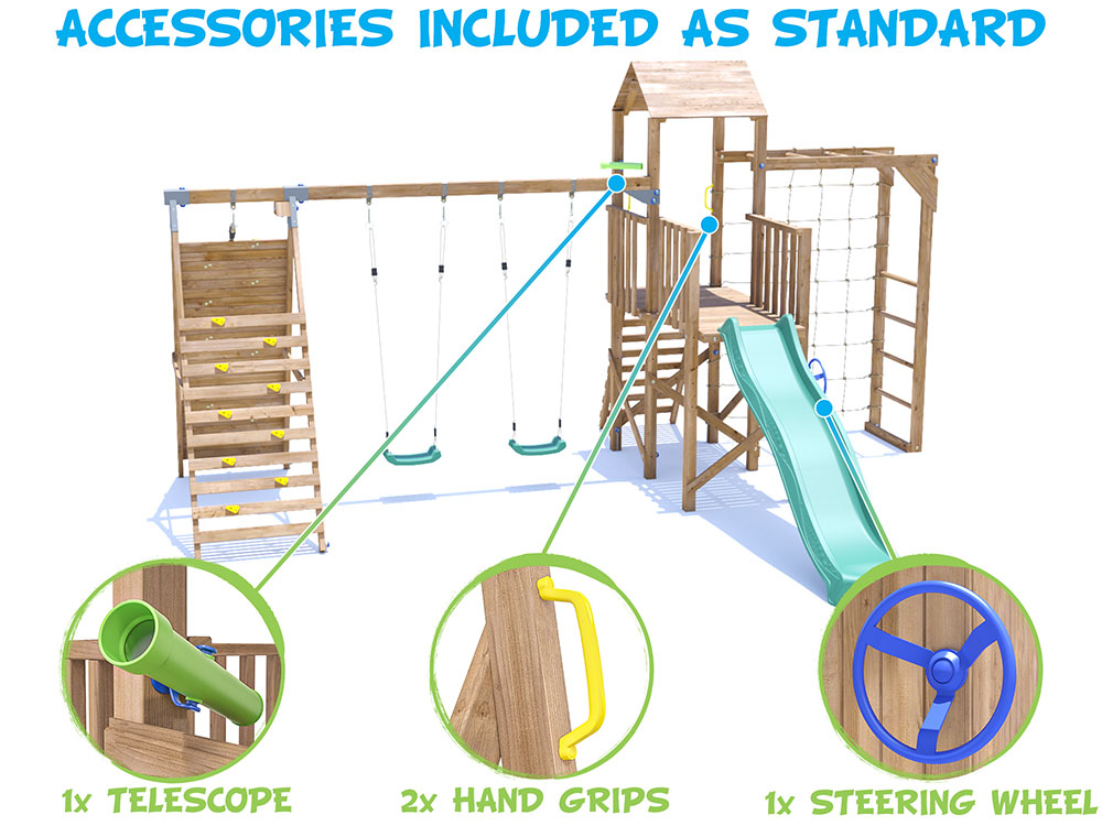 BalconyFort Climbing Frame with Double Swing, HIGH Platform, Tall Climbing Wall, Monkey Bars, Cargo Net & Slide accessories included