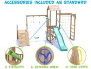 SquirrelFort Climbing Frame with Single Swing, HIGH Platform, Climbing Wall, Monkey Bars, Cargo Net & Slide accessories included