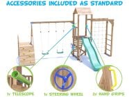 SquirrelFort Climbing Frame with Double Swing, HIGH Platform, Climbing Wall, Monkey Bars, Cargo Net & Slide included accessories