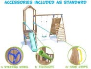SquirrelFort Climbing Frame with Single Swing, LOW Platform, Tall Climbing Wall & Slide accessories included