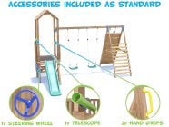 SquirrelFort Climbing Frame with Double Swing, LOW Platform, Tall Climbing Wall & Slide accessories included