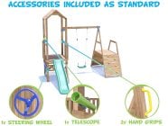 SquirrelFort Climbing Frame with Single Swing, LOW Platform, Climbing Wall & Slide accessories included