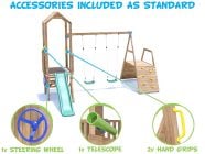 SquirrelFort Climbing Frame with Double Swing, LOW Platform, Climbing Wall & Slide accessories included