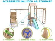 SquirrelFort Climbing Frame with Single Swing, LOW Platform, Tall Climbing Wall, Monkey Bars, Cargo Net & Slide accessories included
