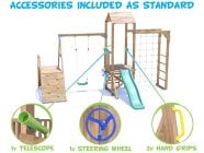 SquirrelFort Climbing Frame with Single Swing, LOW Platform, Climbing Wall, Monkey Bars, Cargo Net & Slide accessories included