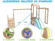 SquirrelFort Climbing Frame with Double Swing, LOW Platform, Climbing Wall, Monkey Bars, Cargo Net & Slide included accessories