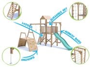 BalconyFort Climbing Frame with Single Swing, HIGH Platform, Climbing Wall, Monkey Bars, Cargo Net & Slide features