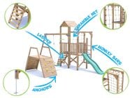 BalconyFort Climbing Frame with Single Swing, LOW Platform, Climbing Wall, Monkey Bars, Cargo Net & Slide Features