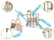 BalconyFort Climbing Frame with Double Swing, LOW Platform, Climbing Wall, Monkey Bars, Cargo Net & Slide features