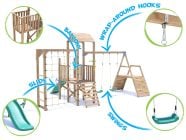 BalconyFort Climbing Frame with Double Swing, LOW Platform, Climbing Wall, Monkey Bars, Cargo Net & Slide features