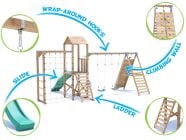 SquirrelFort Climbing Frame with Double Swing, HIGH Platform, Tall Climbing Wall, Monkey Bars, Cargo Net & Slide features