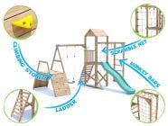 SquirrelFort Climbing Frame with Single Swing, HIGH Platform, Climbing Wall, Monkey Bars, Cargo Net & Slide features