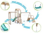 SquirrelFort Climbing Frame with Double Swing, HIGH Platform, Climbing Wall, Monkey Bars, Cargo Net & Slide features