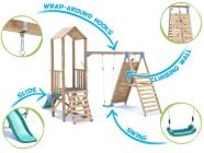 SquirrelFort Climbing Frame with Single Swing, LOW Platform, Tall Climbing Wall & Slide features