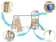 SquirrelFort Climbing Frame with Double Swing, LOW Platform, Tall Climbing Wall & Slide features